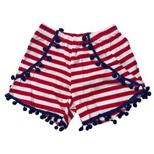 THBC Shorts Girls M Red White Striped Cotton Pom Trim Patriotic 100% Cotton